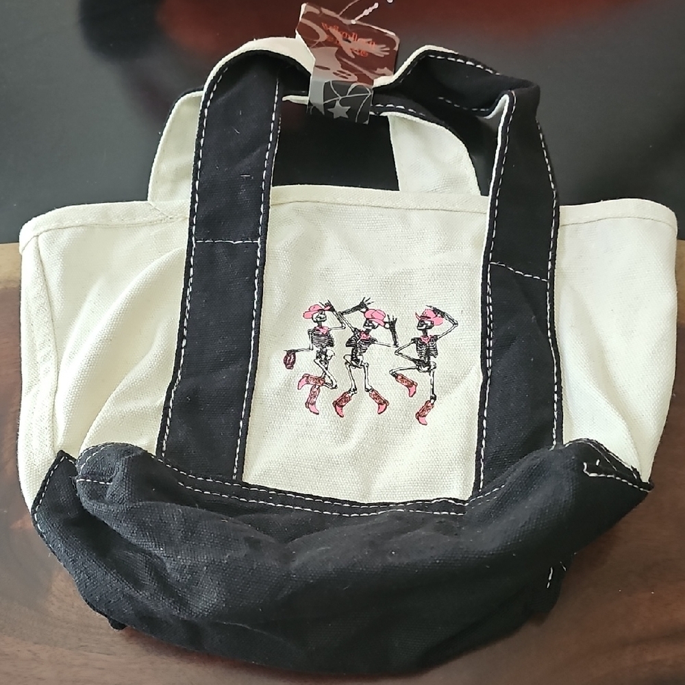 Stylish Black and Cream Tote Bag Dancing Cowboy Skeletons Pink Boots Hats